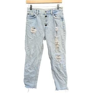 High waist distressed 90s burn out jeans button fly ripped light wash size 4
